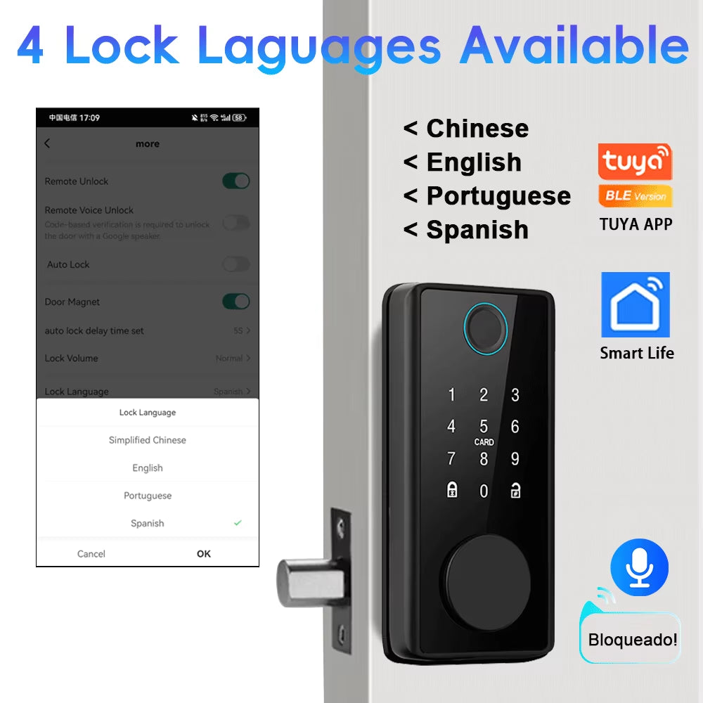 DS01 4-Language Tuya Smart Fingerprint Deadbolt Lock with Latch/Door Sensor Auto Lock Key/Password/Card/ Tuya APP Unlock