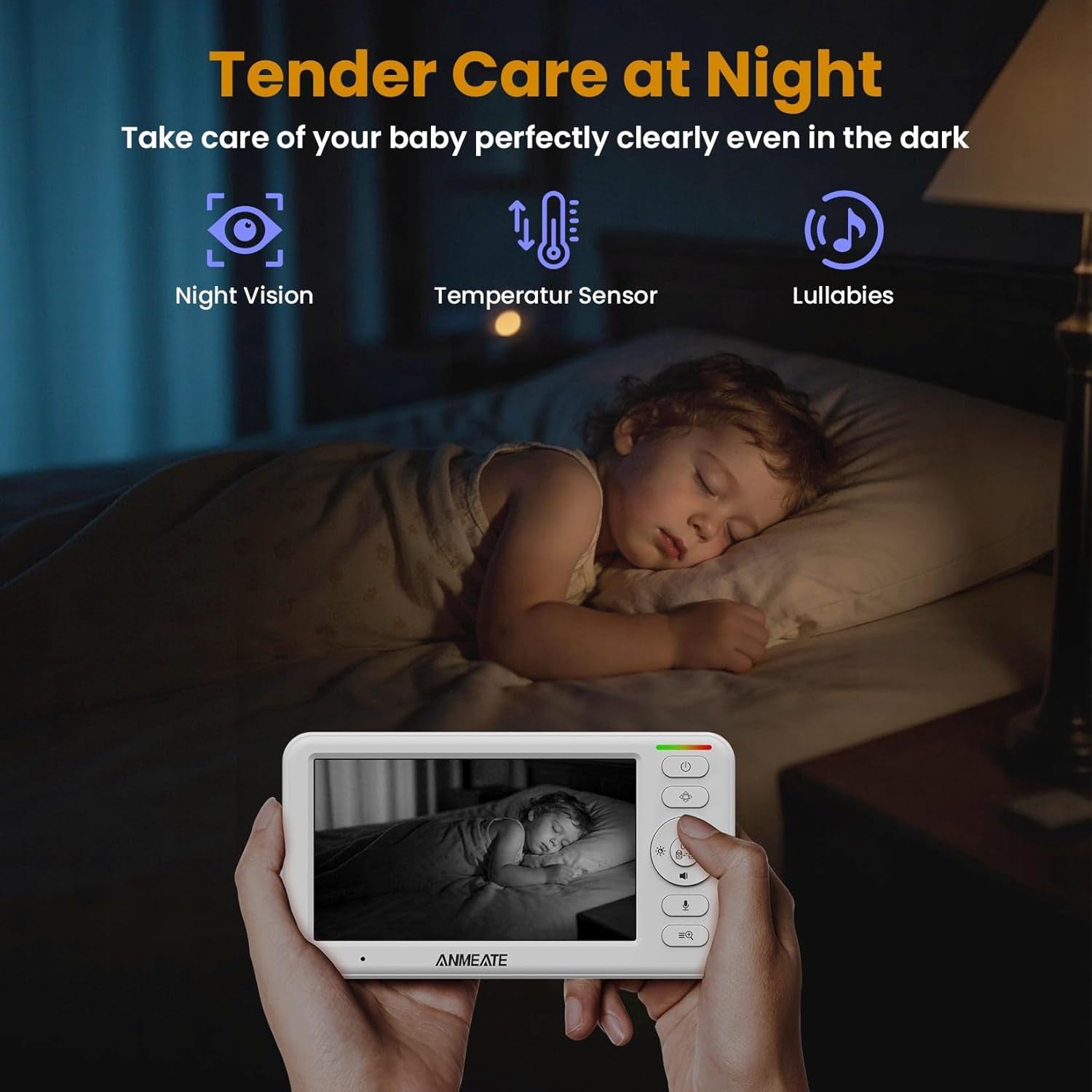 5" HD Video Baby Monitor with Camera and Audio - No Wifi, 48H Battery Life,720P Remote Pan Tilt Zoom, Two-Way Talk, Night Vision, Thermal Room Monitor, Lullabies & White Noise, 1000Ft Range