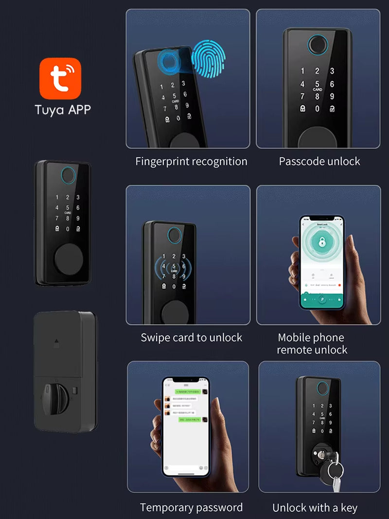 DS01 4-Language Tuya Smart Fingerprint Deadbolt Lock with Latch/Door Sensor Auto Lock Key/Password/Card/ Tuya APP Unlock