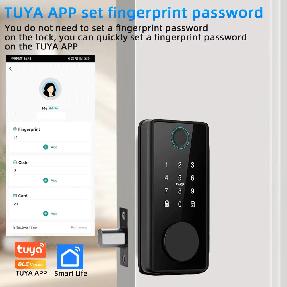 DS01 4-Language Tuya Smart Fingerprint Deadbolt Lock with Latch/Door Sensor Auto Lock Key/Password/Card/ Tuya APP Unlock
