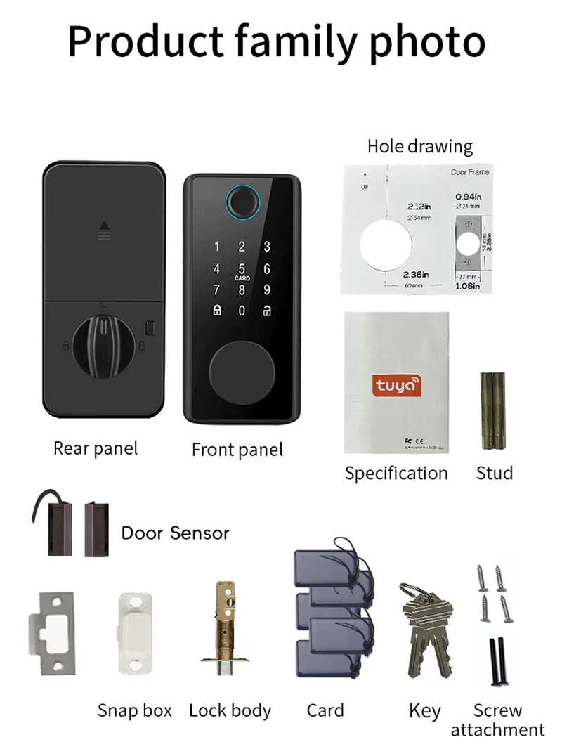DS01 4-Language Tuya Smart Fingerprint Deadbolt Lock with Latch/Door Sensor Auto Lock Key/Password/Card/ Tuya APP Unlock