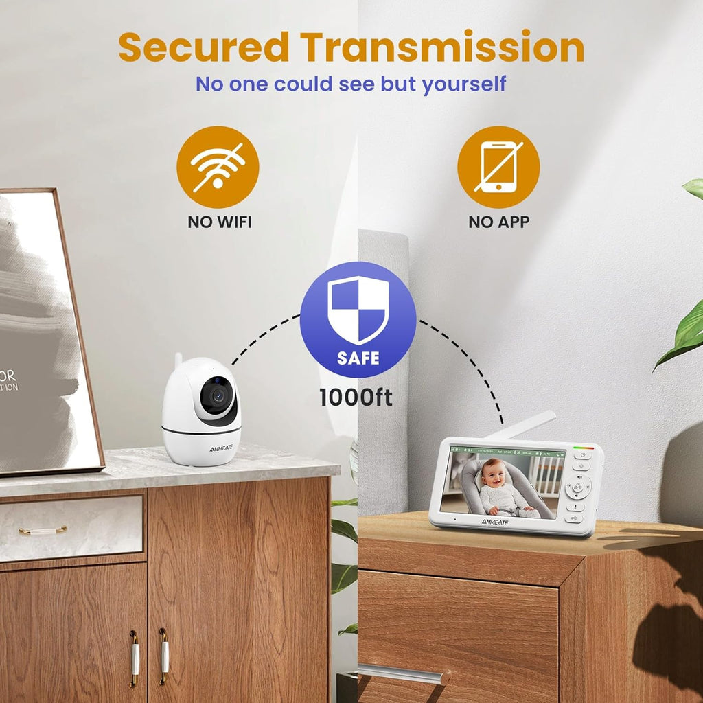 5" HD Video Baby Monitor with Camera and Audio - No Wifi, 48H Battery Life,720P Remote Pan Tilt Zoom, Two-Way Talk, Night Vision, Thermal Room Monitor, Lullabies & White Noise, 1000Ft Range