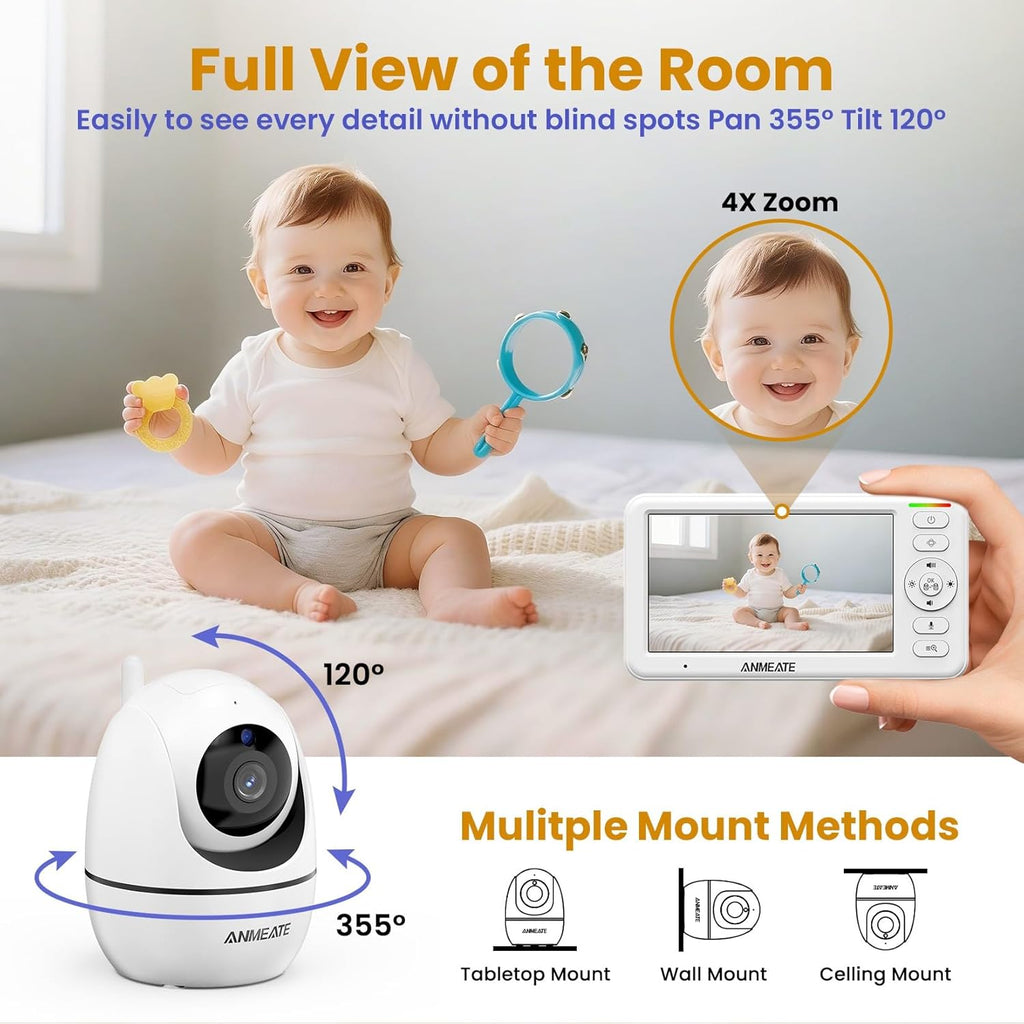 5" HD Video Baby Monitor with Camera and Audio - No Wifi, 48H Battery Life,720P Remote Pan Tilt Zoom, Two-Way Talk, Night Vision, Thermal Room Monitor, Lullabies & White Noise, 1000Ft Range