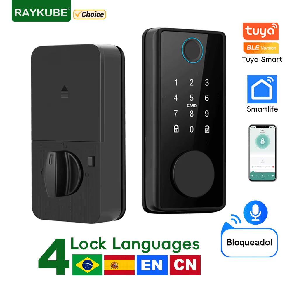 DS01 4-Language Tuya Smart Fingerprint Deadbolt Lock with Latch/Door Sensor Auto Lock Key/Password/Card/ Tuya APP Unlock